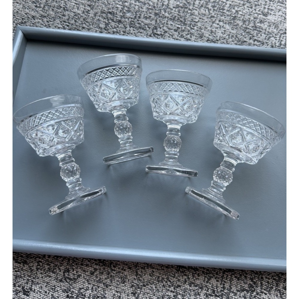 Vintage Pressed Glass Sherbet Cups Square Foot Pedestal Dessert Glasses Set Of 4